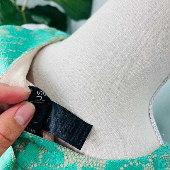 En focus Studio Floral Lace Lined Cream Circle Sleeveless Pastel Green Dress - Picture 3 of 6